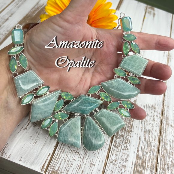 Awesome Amazonite Opalite Statement Necklace Handmade Large Gemstone 925 Silver - Picture 8 of 16